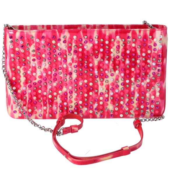 Christian Louboutin Loubiposh Clutch Bag Pink Cream Multi Patent Leather Studded - Picture 1 of 5